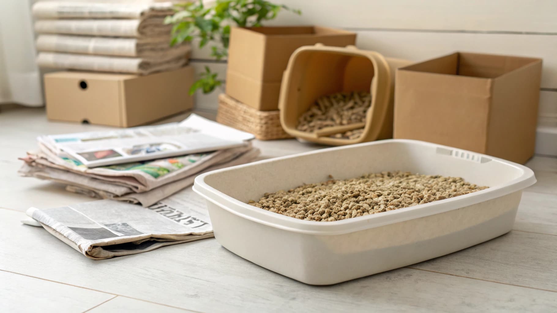 Recycled paper cat litter pellets with sustainable materials