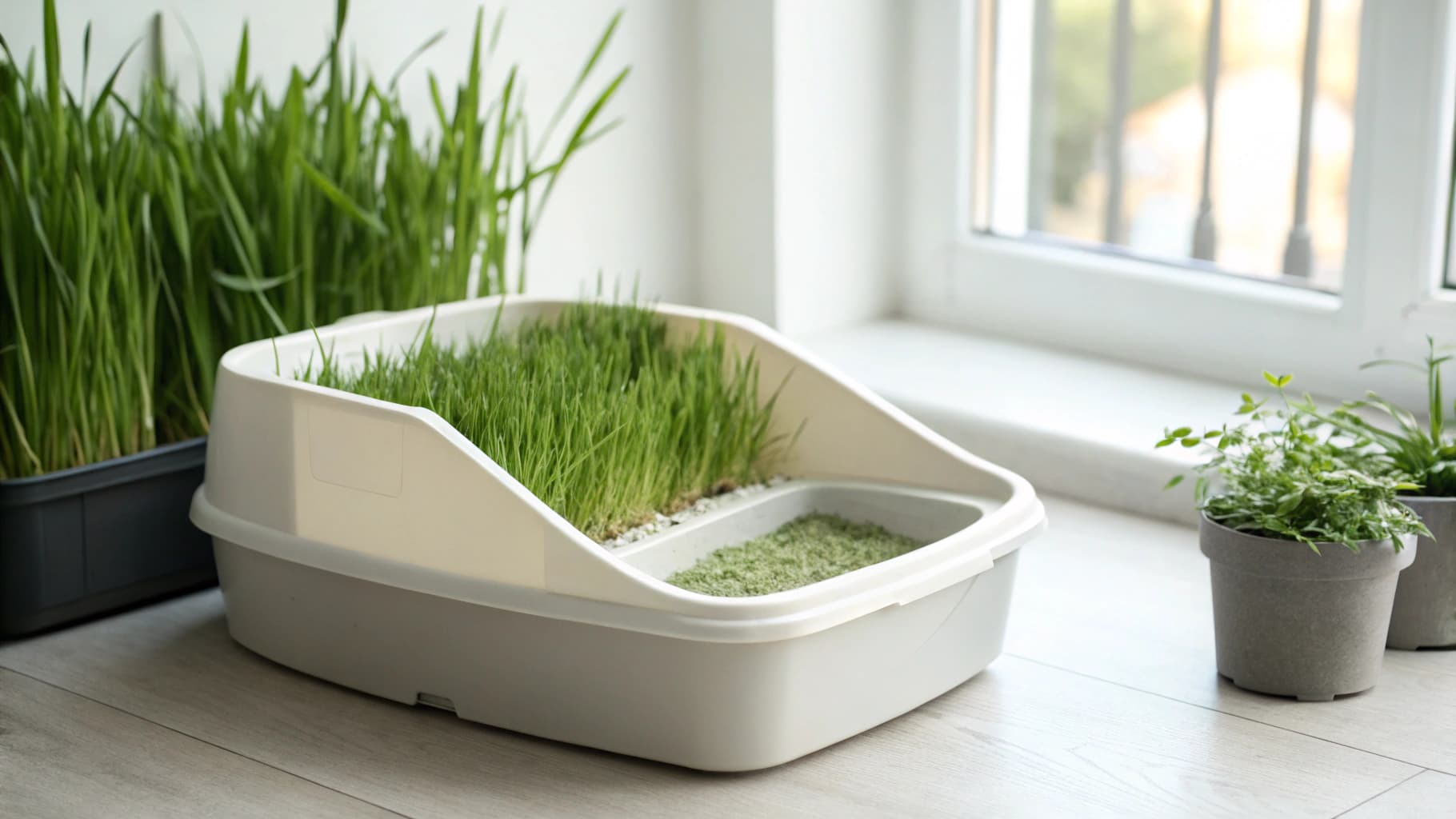 Fresh grass seed cat litter in a modern eco-friendly setting