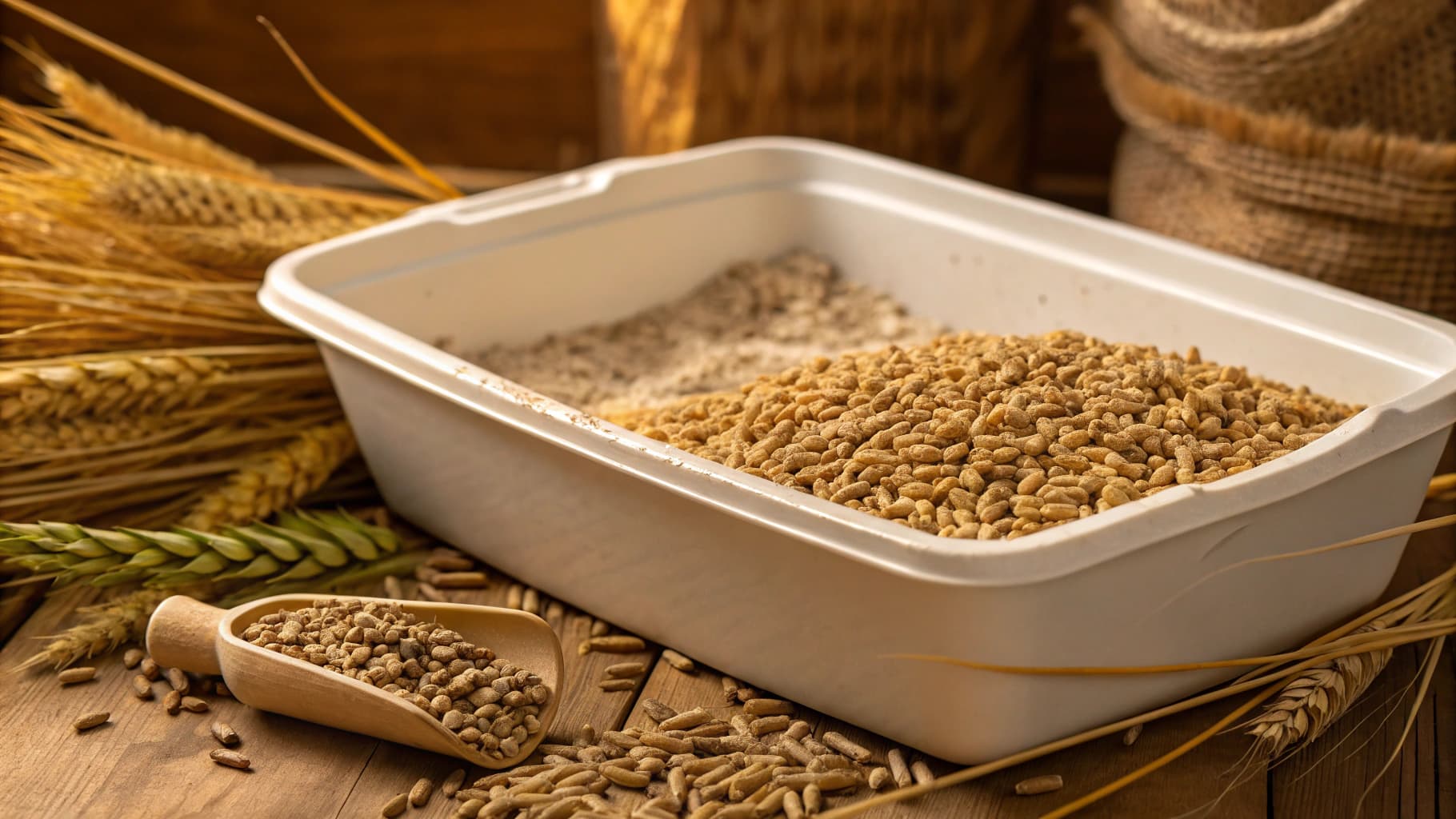 Natural wheat cat litter granules with golden wheat stalks